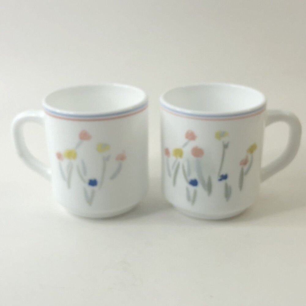 Vintage Arcopal France Floral Coffee Cups Set of 2 Milk Glass Tulips Blue Pink